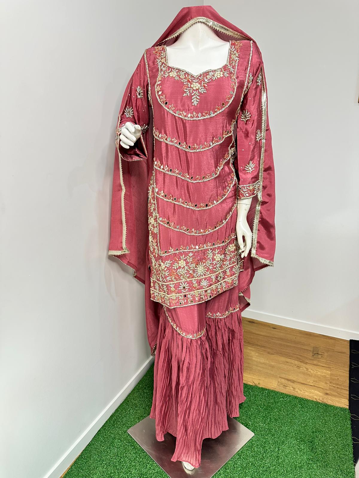 Heavy Real Mirror Work Georgette Sharara Set with Flared Palazzo