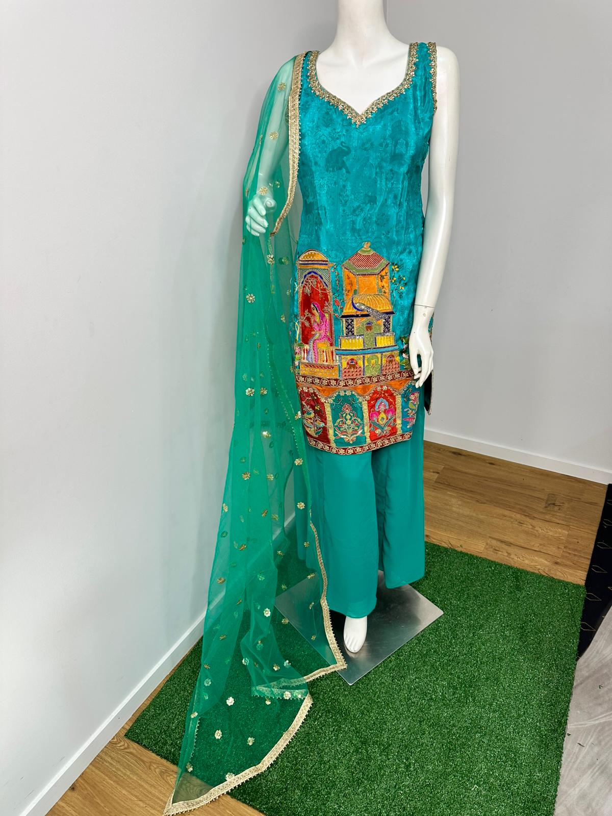 Teal Green Multicolor Embroidered Pakistani Suit Set